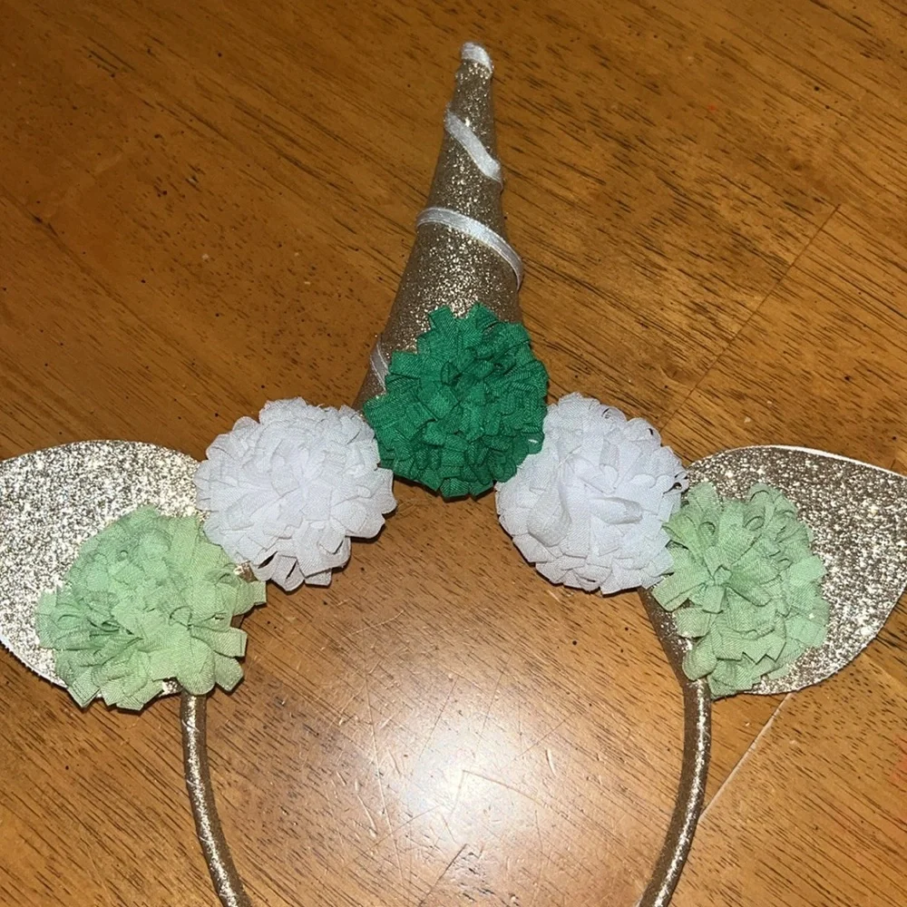 Gold Glitter Unicorn Headband With Green and White Pom Poms